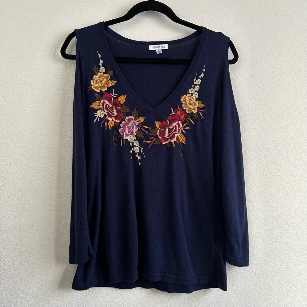 JOHNNY WAS Cold Shoulder Silk Cashmere Embroided Floral Sweater Medium